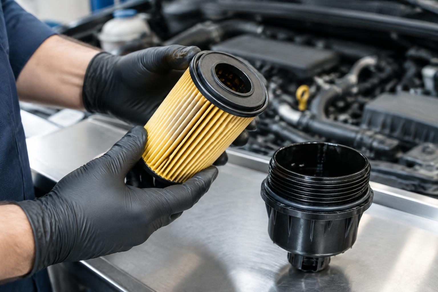 Mechanik sprawdzający nowy wkład filtra oleju